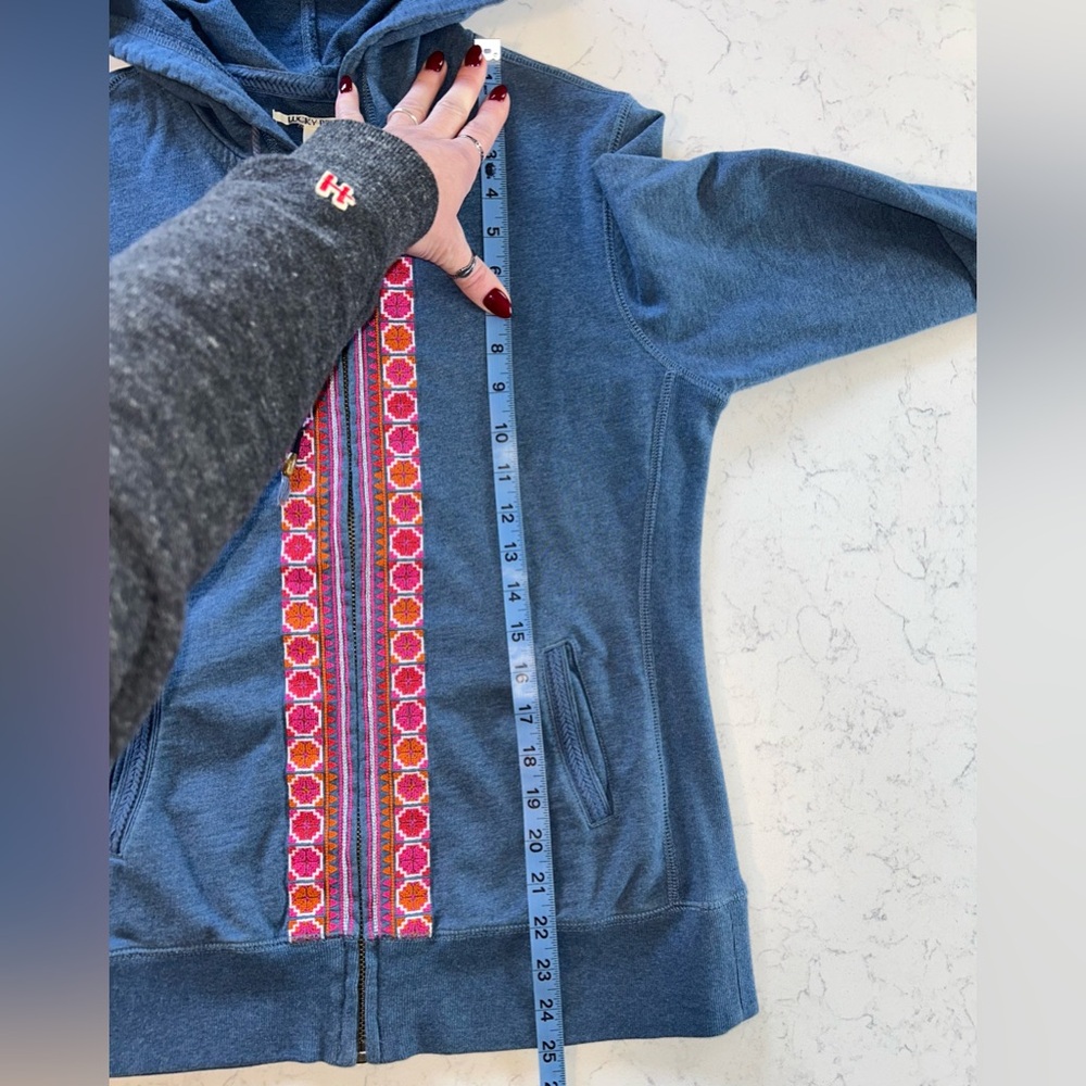 Lucky Brand Blue Zip Hoodie with Pink & Orange Embroidered Trim & Beaded String - Picture 11 of 16